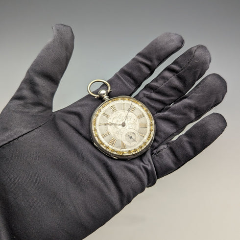 約 1880 年古董 Bauer 裝飾錶盤鑰匙風懷錶銀色側徑 44 毫米工作物品帶理由